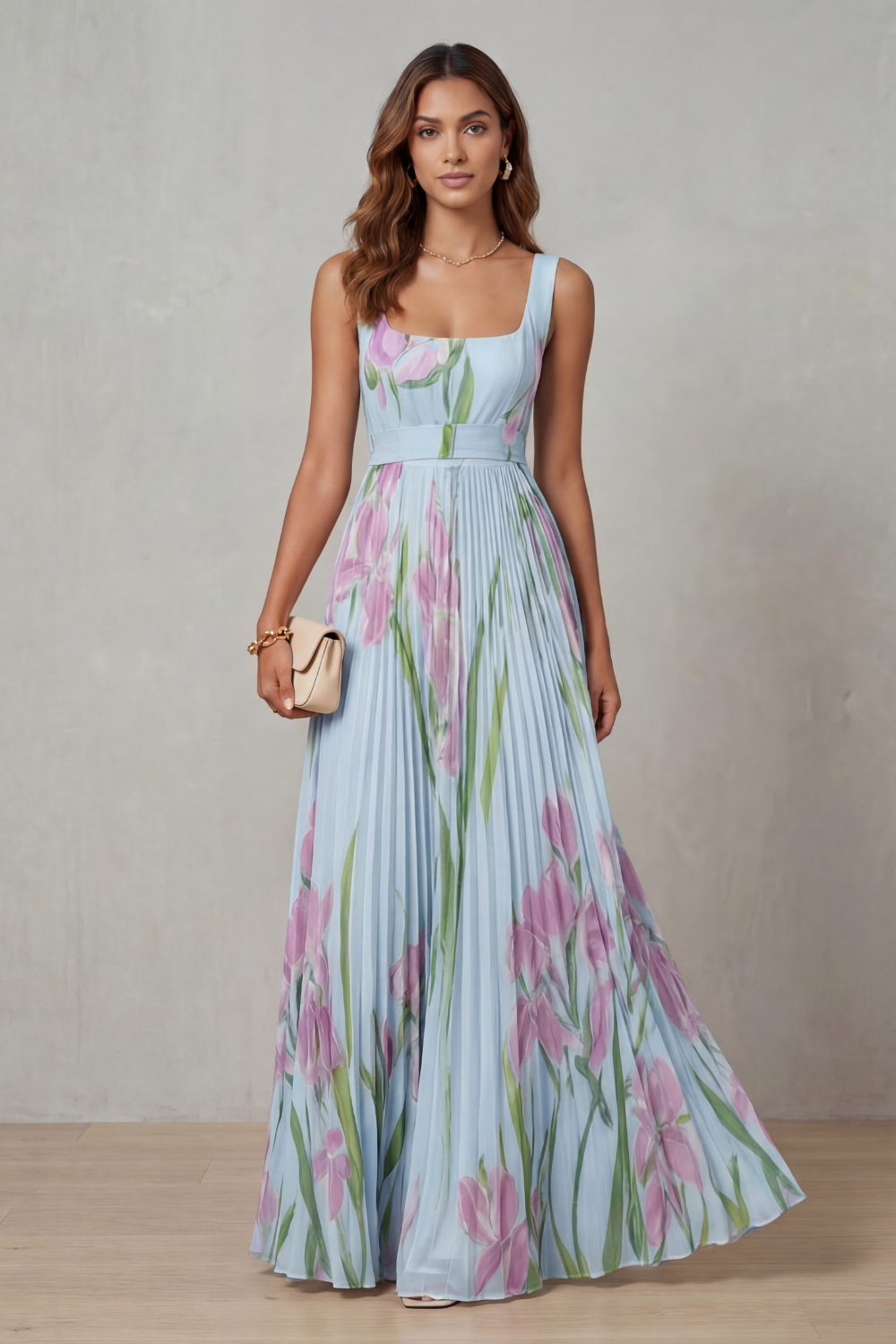 Vivienna – Watercolour floral – Pleated maxi dress
