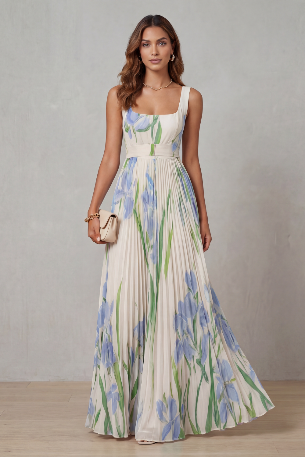 Vivienna – Watercolour floral – Pleated maxi dress