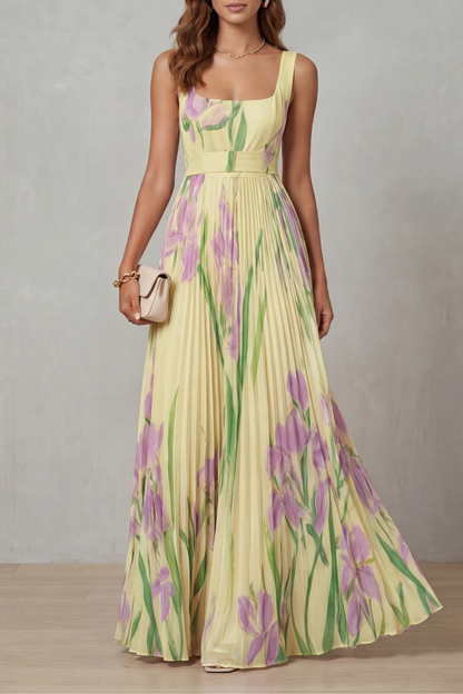 Vivienna – Watercolour floral – Pleated maxi dress