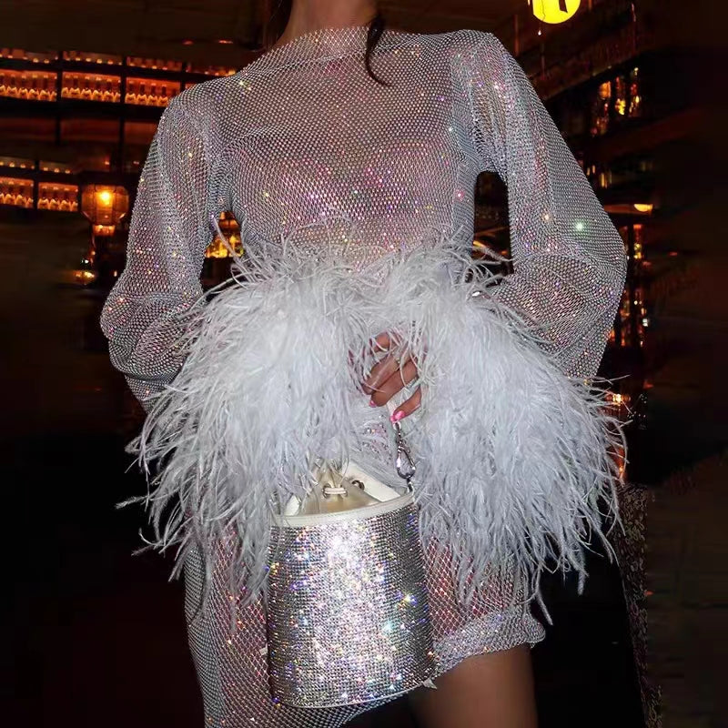 FEATHER MESH MINI DRESS IN WHITE Dresses styleofcb 