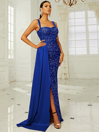 Ribbon Corset Sequin Maxi Prom Dress