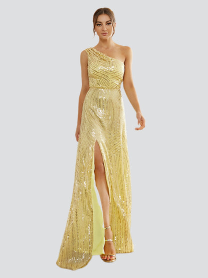 Yellow Sequin One Shoulder Prom Dress
