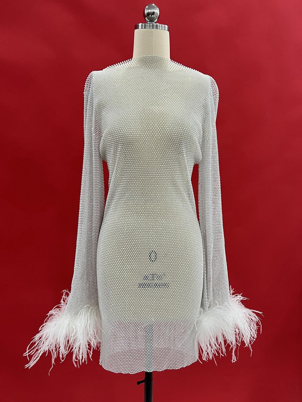 Xanthe Rhinestone Mesh Mini Dress In White