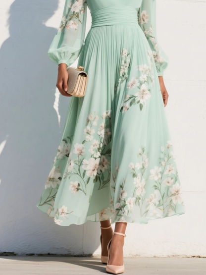 Green Floral Print Chiffon V Neck Long Sleeve Pleated Midi Dress