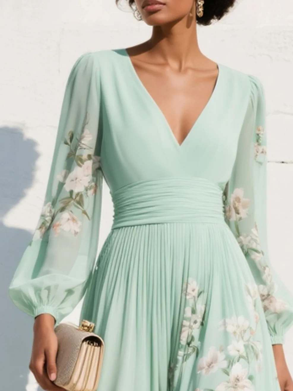 Green Floral Print Chiffon V Neck Long Sleeve Pleated Midi Dress
