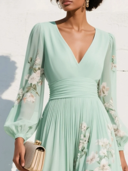 Green Floral Print Chiffon V Neck Long Sleeve Pleated Midi Dress