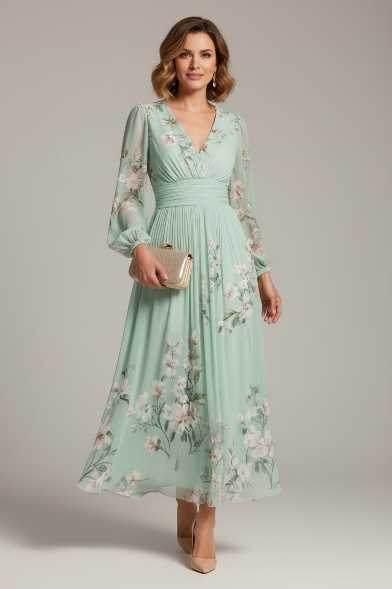 Green Floral Print Chiffon V Neck Long Sleeve Pleated Midi Dress