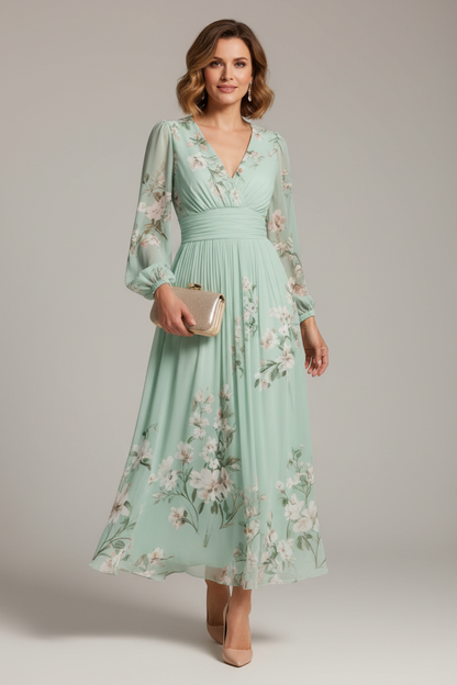 Green Floral Print Chiffon V Neck Long Sleeve Pleated Midi Dress
