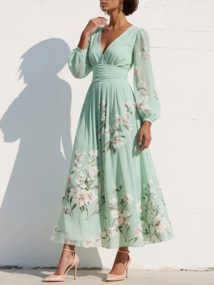 Green Floral Print Chiffon V Neck Long Sleeve Pleated Midi Dress
