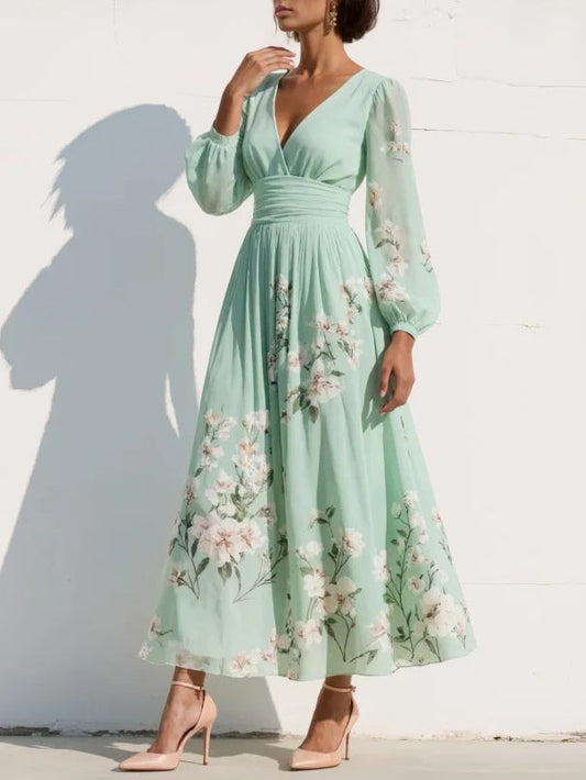 Green Floral Print Chiffon V Neck Long Sleeve Pleated Midi Dress