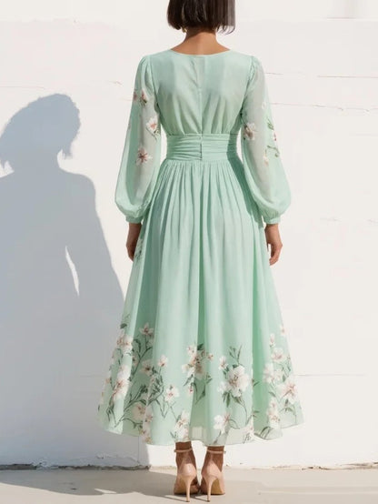 Green Floral Print Chiffon V Neck Long Sleeve Pleated Midi Dress