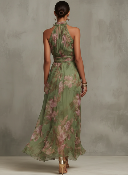polly Green Floral Chiffon Halter Maxi Dress