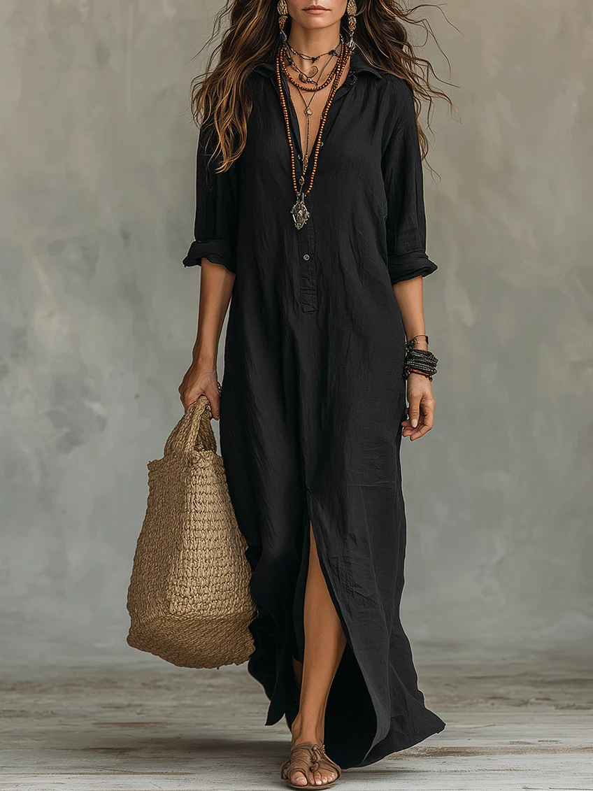 Soline™ | Oversized Black Maxi Dress with Buttons