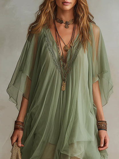 Sage Green Sheer Chiffon V-Neck Loose Mini Cover Up Dress