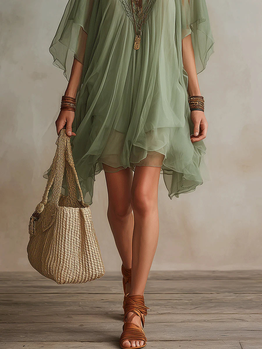 Sage Green Sheer Chiffon V-Neck Loose Mini Cover Up Dress