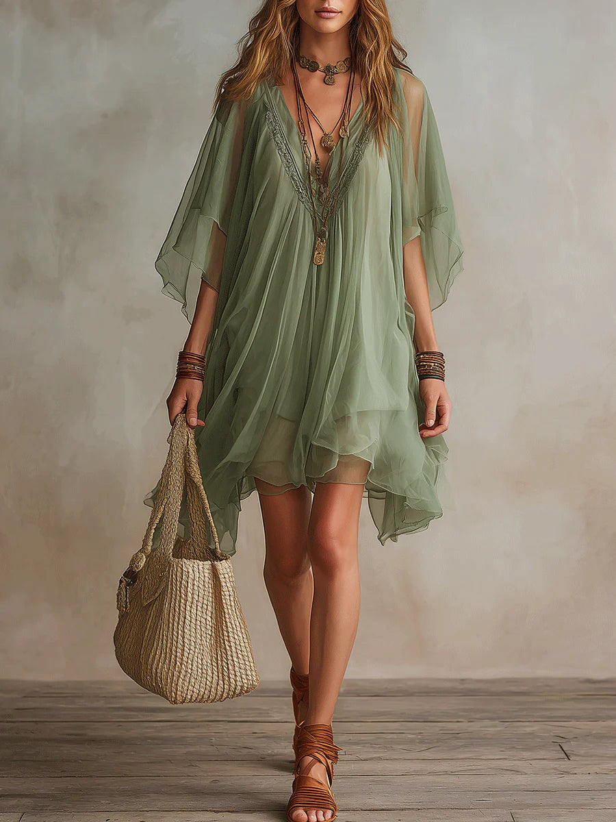 Sage Green Sheer Chiffon V-Neck Loose Mini Cover Up Dress