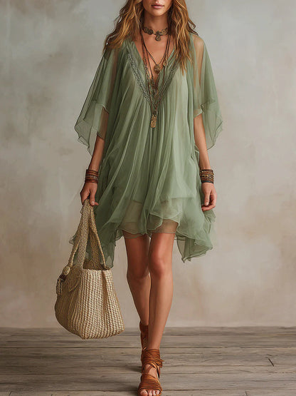 Sage Green Sheer Chiffon V-Neck Loose Mini Cover Up Dress