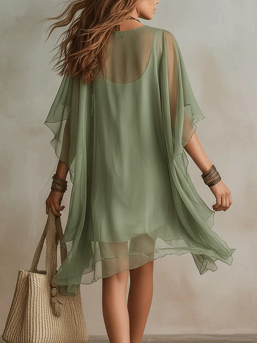 Sage Green Sheer Chiffon V-Neck Loose Mini Cover Up Dress