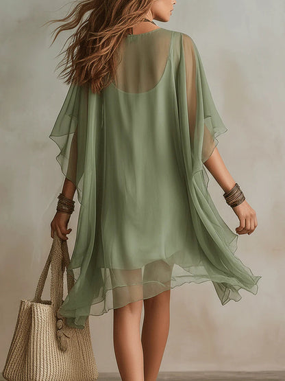 Sage Green Sheer Chiffon V-Neck Loose Mini Cover Up Dress