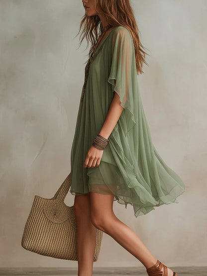 Sage Green Sheer Chiffon V-Neck Loose Mini Cover Up Dress