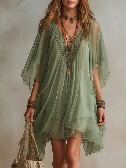 Sage Green Sheer Chiffon V-Neck Loose Mini Cover Up Dress