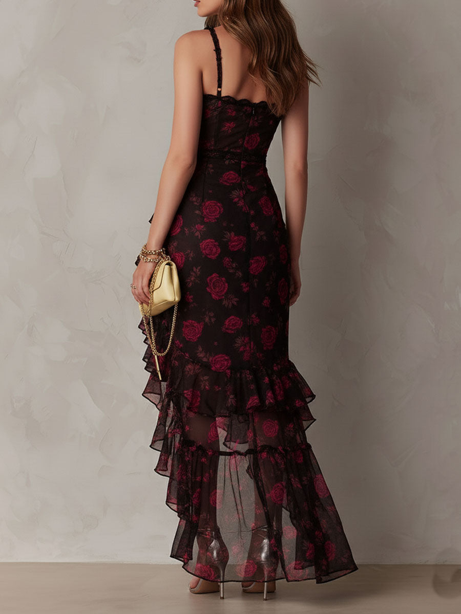 Black And Red Floral Ruched Ruffle Hem Dress