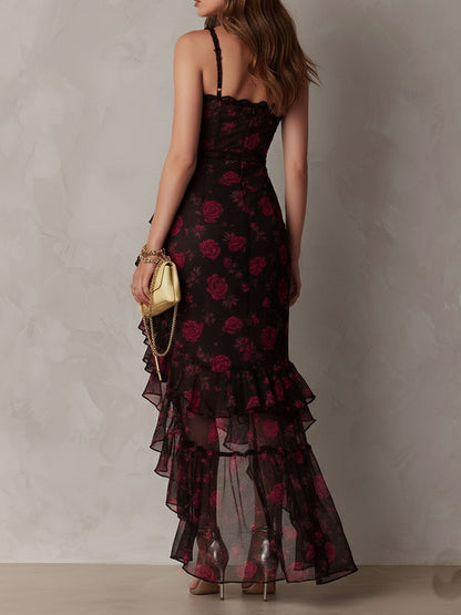Black And Red Floral Ruched Ruffle Hem Dress