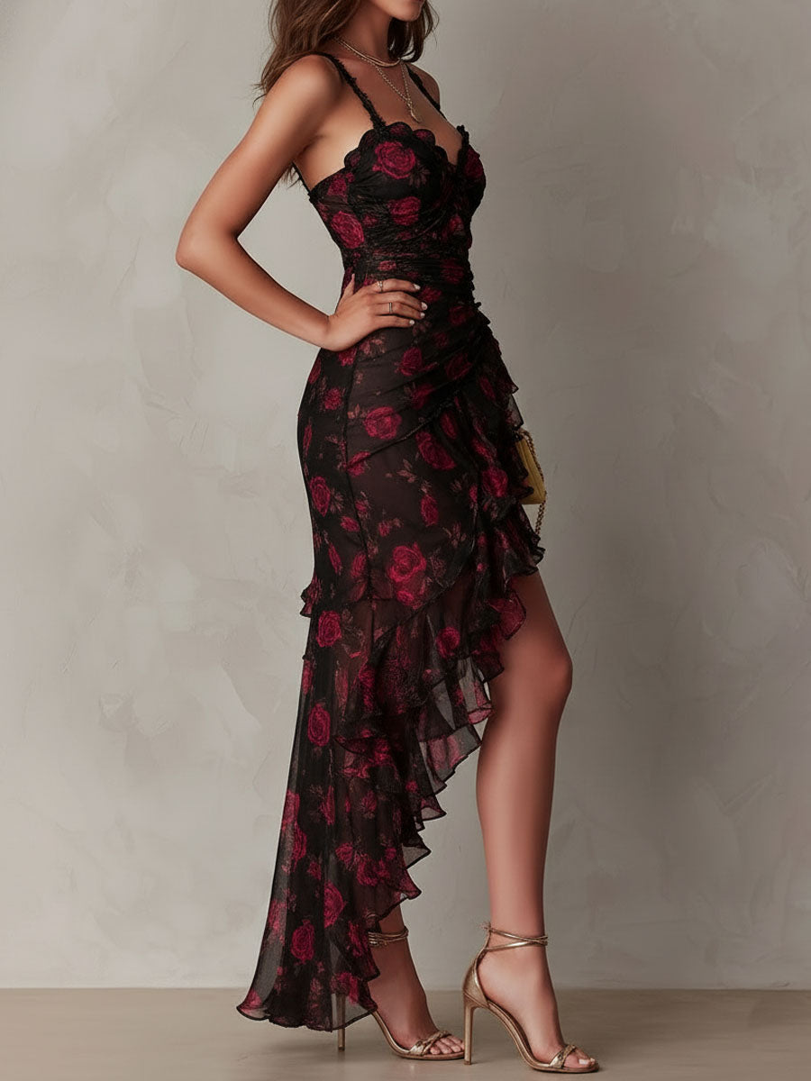 Black And Red Floral Ruched Ruffle Hem Dress