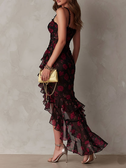Black And Red Floral Ruched Ruffle Hem Dress