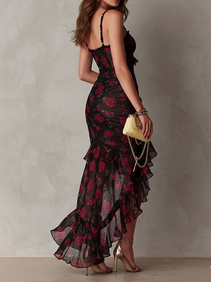 Black And Red Floral Ruched Ruffle Hem Dress