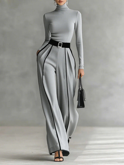 Solana - Long Sleeve Turtleneck and Wide Leg Pants Set with Belt