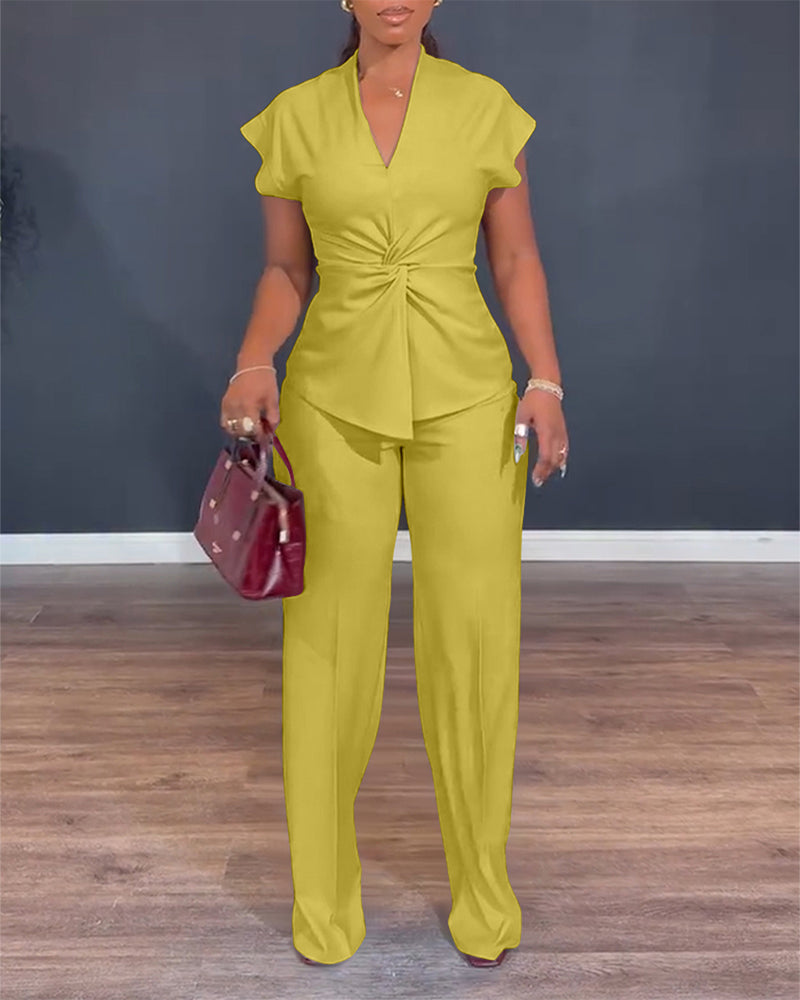 Women's 2 Piece Outfits V Neck Twist Front Slit Top and High Waisted Straight Leg Pants Set Commute Business Casual Suit