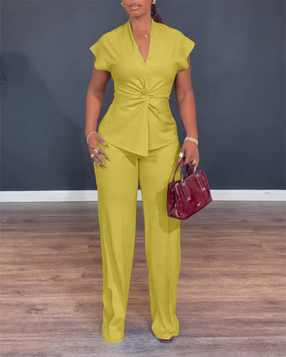 Women's 2 Piece Outfits V Neck Twist Front Slit Top and High Waisted Straight Leg Pants Set Commute Business Casual Suit