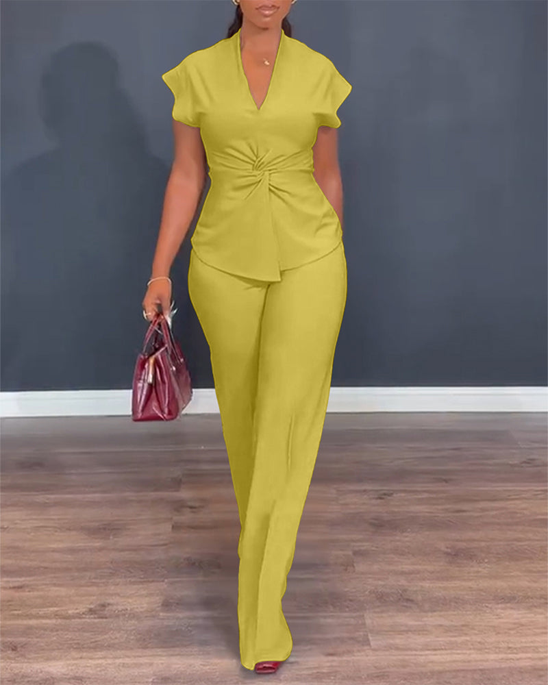 Women's 2 Piece Outfits V Neck Twist Front Slit Top and High Waisted Straight Leg Pants Set Commute Business Casual Suit