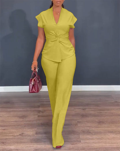 Women's 2 Piece Outfits V Neck Twist Front Slit Top and High Waisted Straight Leg Pants Set Commute Business Casual Suit