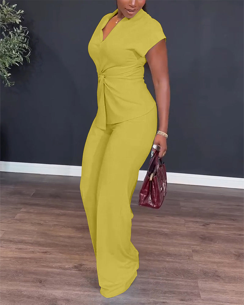 Women's 2 Piece Outfits V Neck Twist Front Slit Top and High Waisted Straight Leg Pants Set Commute Business Casual Suit