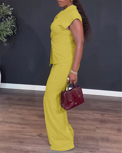 Women's 2 Piece Outfits V Neck Twist Front Slit Top and High Waisted Straight Leg Pants Set Commute Business Casual Suit