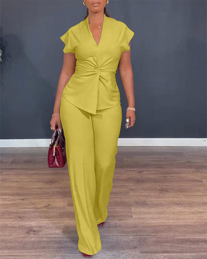 Women's 2 Piece Outfits V Neck Twist Front Slit Top and High Waisted Straight Leg Pants Set Commute Business Casual Suit