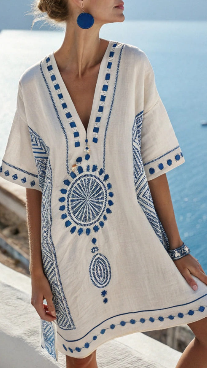 linen v-neck printed loose mini dress