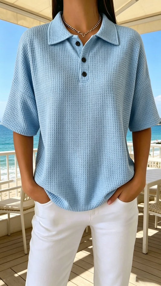 &nbsp;Button-Front Waffle-Knit Short-Sleeve T-Shirt