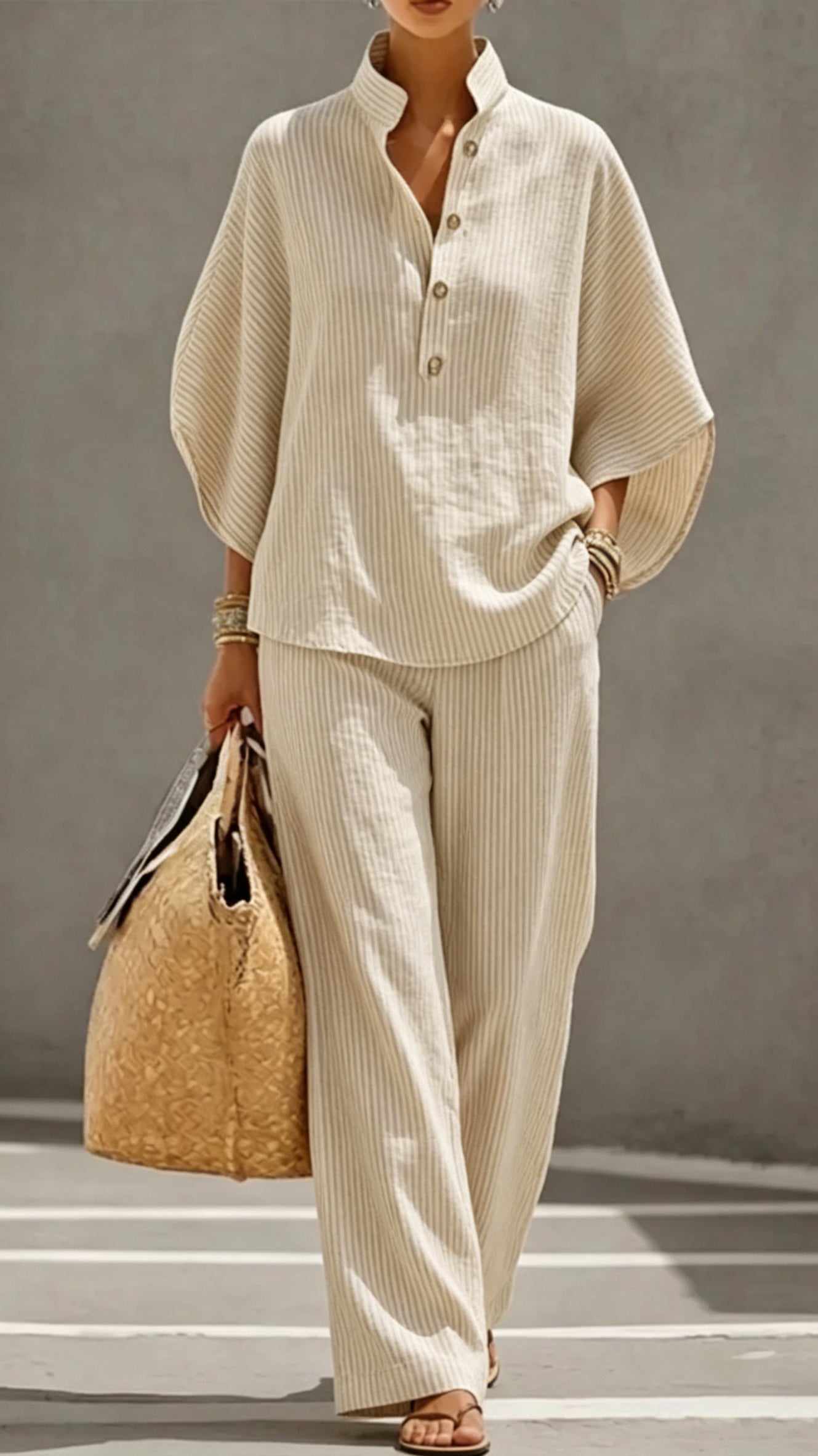 Women’s Batwing Sleeve Linen Cotton Two-Piece Set – Casual Shirt & Wide Leg Pants Outfit