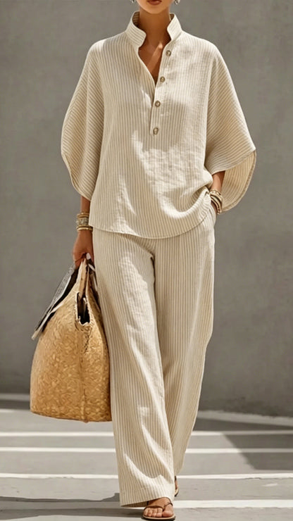 Women’s Batwing Sleeve Linen Cotton Two-Piece Set – Casual Shirt & Wide Leg Pants Outfit