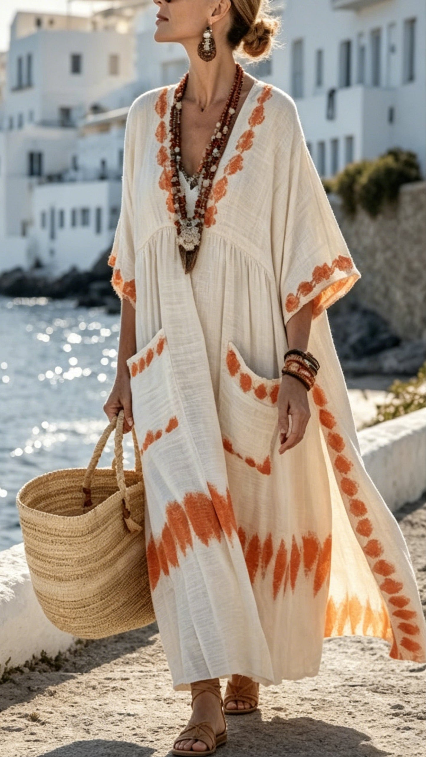 Women's V-Neck Midi Dress with Half Sleeves and Patch Pockets