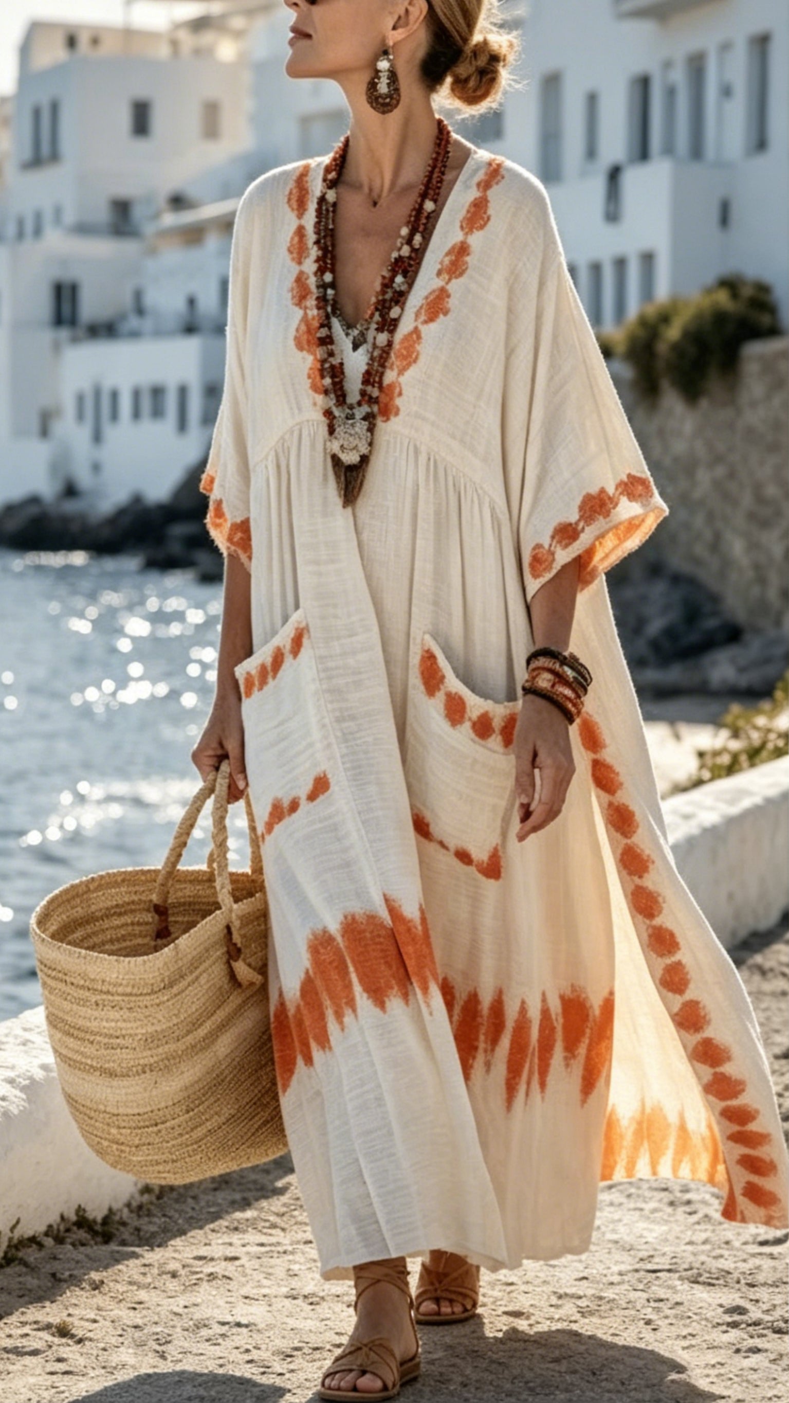 Women's V-Neck Midi Dress with Half Sleeves and Patch Pockets