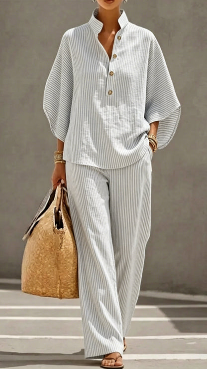 Women’s Batwing Sleeve Linen Cotton Two-Piece Set – Casual Shirt & Wide Leg Pants Outfit
