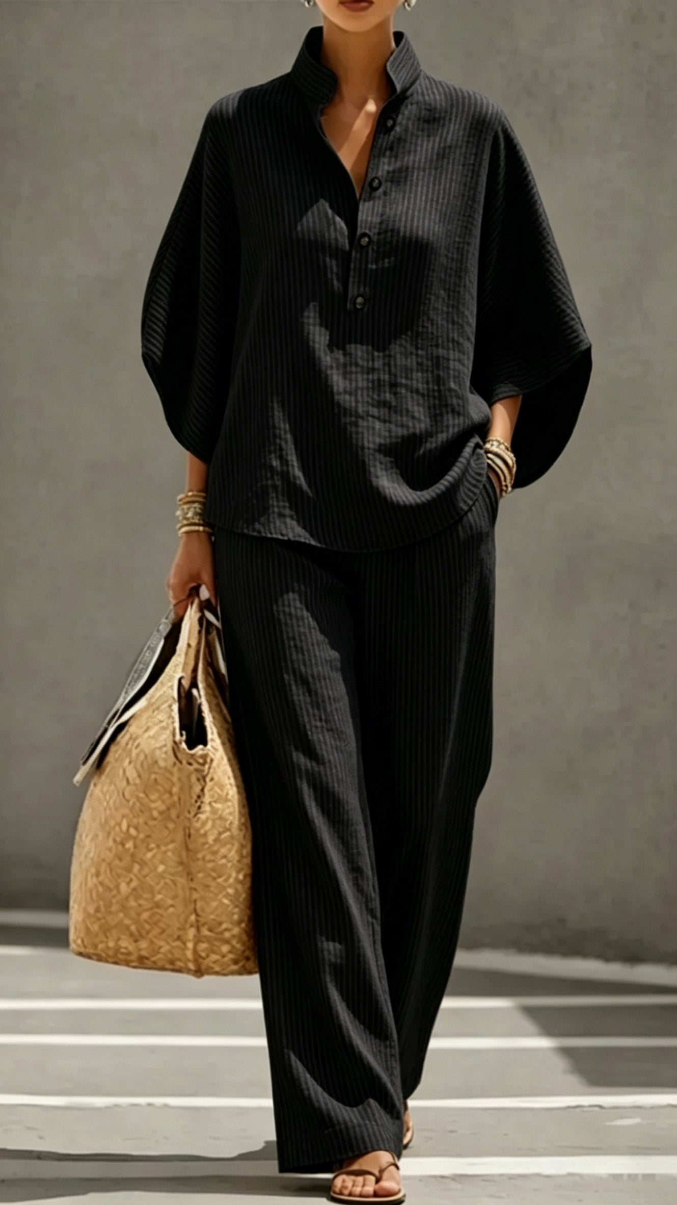 Women’s Batwing Sleeve Linen Cotton Two-Piece Set – Casual Shirt & Wide Leg Pants Outfit