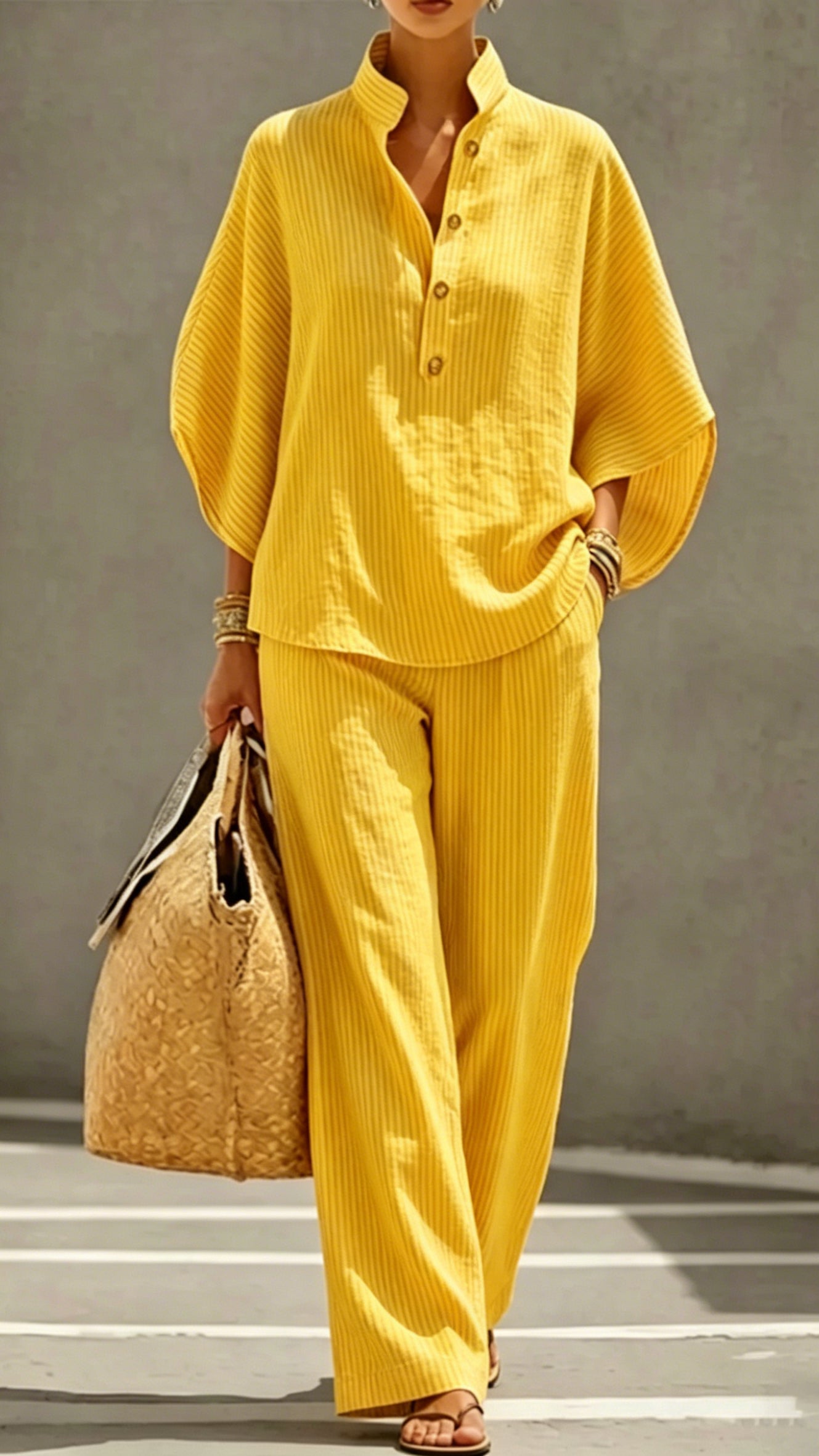 Women’s Batwing Sleeve Linen Cotton Two-Piece Set – Casual Shirt & Wide Leg Pants Outfit