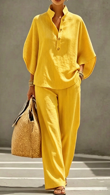 Women’s Batwing Sleeve Linen Cotton Two-Piece Set – Casual Shirt & Wide Leg Pants Outfit