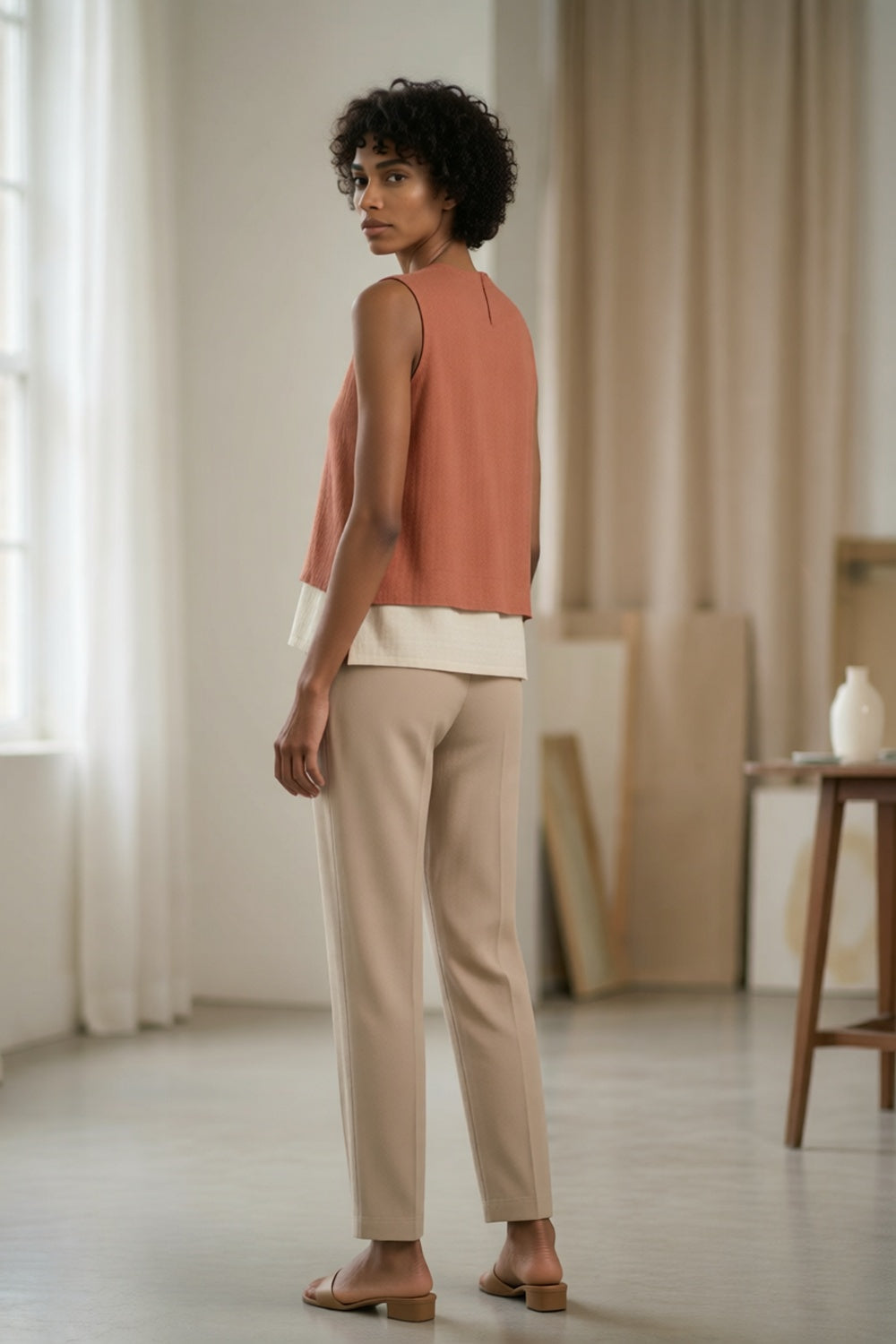 Split Neck Layered Sleeveless Linen Blend Top