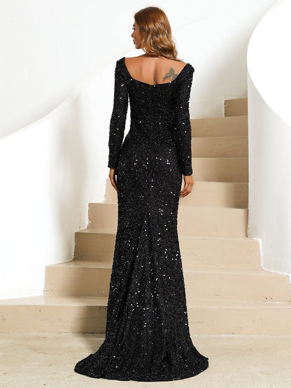 Square Neck Glitter Mermaid Evening Dress